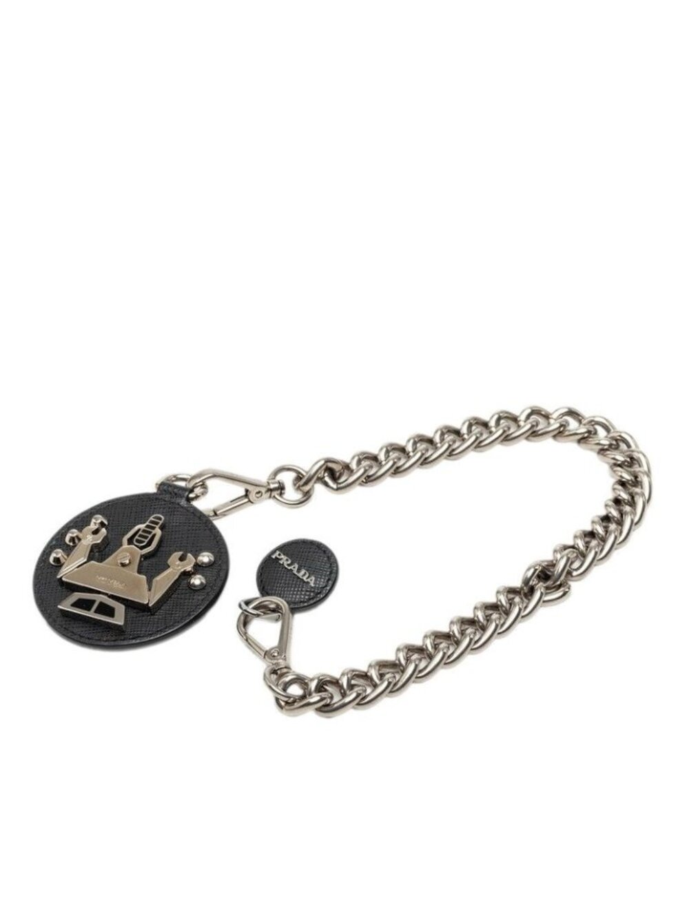 Prada Robo Motif Chain Logo Brooch Black Silver Metal Saffiano Leather